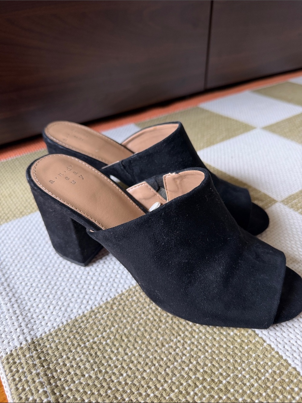 a new day Black Suede Open-Toe Block Heel Mules